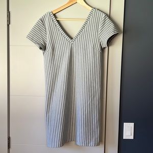 Deep, V-neck, gray and white striped dress